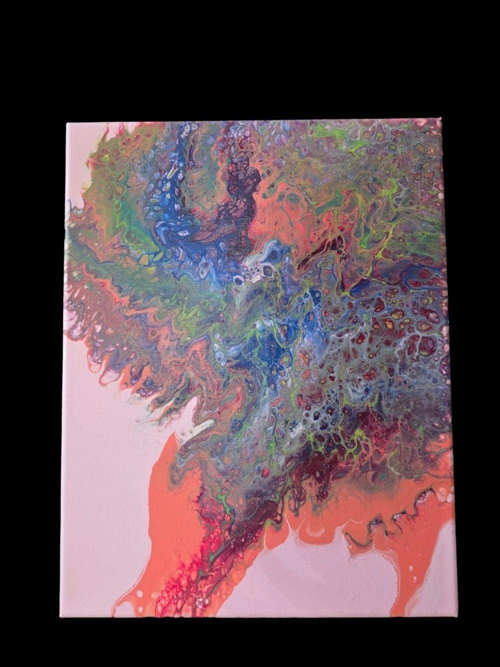 Original Abstract Fluid Art Canvas in Coral, Blue, Green
